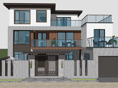 Modern Detached Villa Exterior With Balconies Floor to Ceiling Windows and Garage 3d model