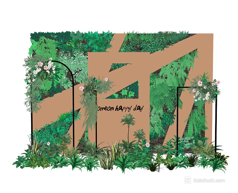 Lush Floral Installation With Green Plants Colorful Flowers And Happy Day Vibe 3d model 