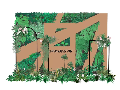 Lush Floral Installation With Green Plants Colorful Flowers And Happy Day Vibe 3d model