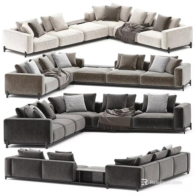 Modern Sectional Sofa With Gray Beige Upholstery Pillows And Throw Blanket 3d model 