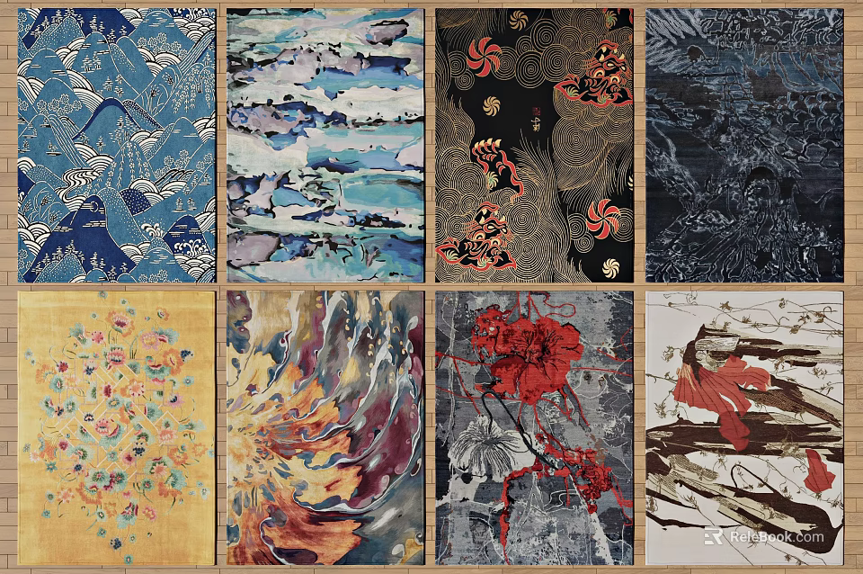 Square Rugs With Various Design Patterns Including Floral Abstract And Colorful Prints 3d model 