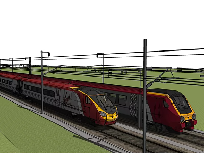 Red and Yellow Trains Running on Electrified Tracks with Overhead Wires and Green Grass 3d model