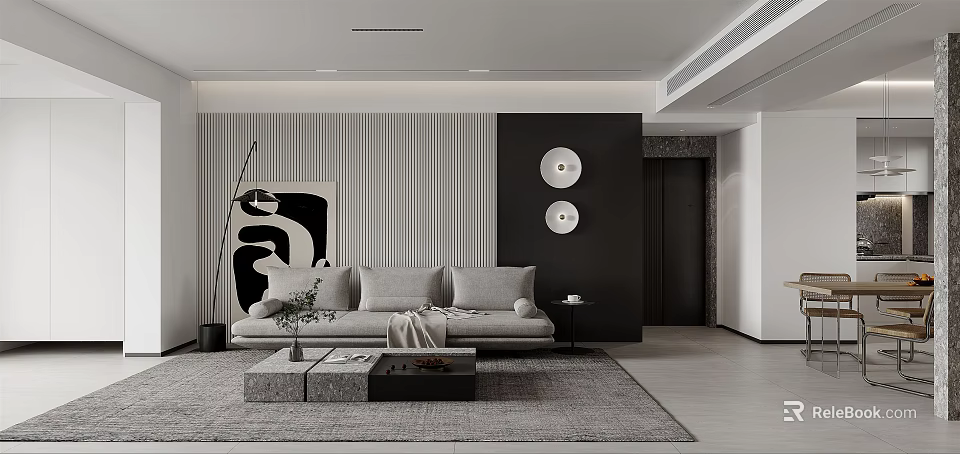 Modern Living Dining Room Interior With Sofa Coffee Table And Wall Decor 3d model