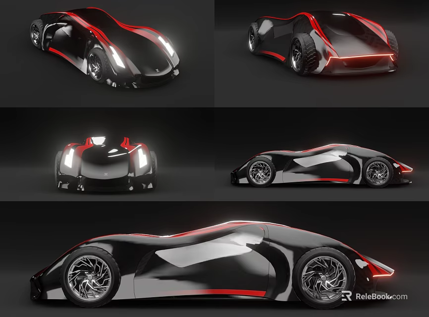 Futuristic Sports Car In Black And Red With Sleek Design Unique Wheels And Dynamic Shape 3d model 