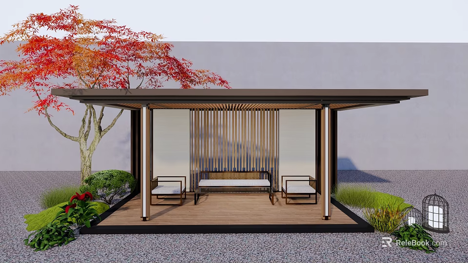 Traditional Japanese Outdoor Pavilion With Wooden Structure Red Maple Tree Stone Ground And Rest Benches 3d model 