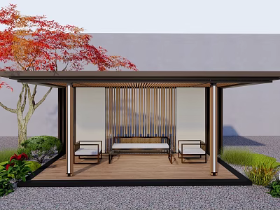 Traditional Japanese Outdoor Pavilion With Wooden Structure Red Maple Tree Stone Ground And Rest Benches 3d model