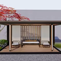 Traditional Japanese Outdoor Pavilion With Wooden Structure Red Maple Tree Stone Ground And Rest Benches