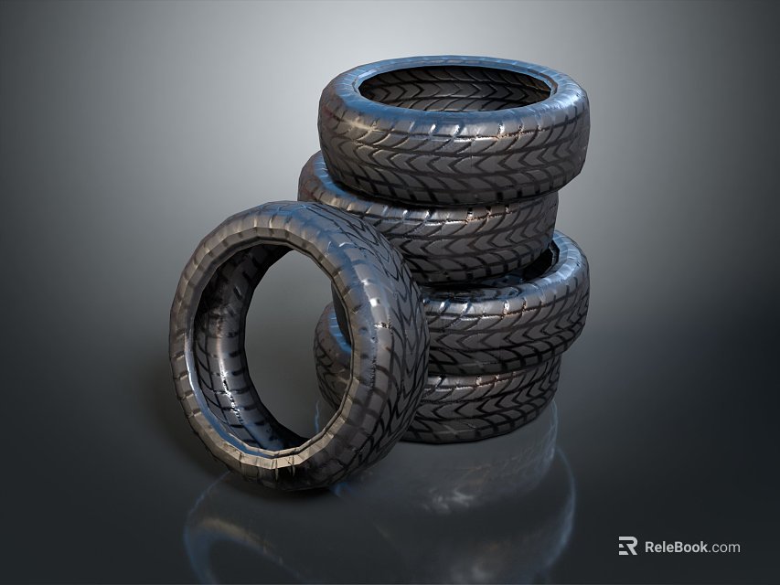 Black Stacked Tires With Tread And One Leaning On Reflective Surface 3d model 