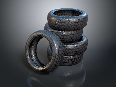 Black Stacked Tires With Tread And One Leaning On Reflective Surface 3d model