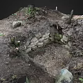 Natural Garden Landscape Featuring Moss Covered Stone Wall And Surrounding Soil With Fallen Leaves