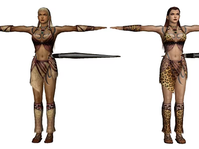 Female Warrior Game and Movie Characters in Leopard Print Costumes Standing with Arms Outstretched 3d model