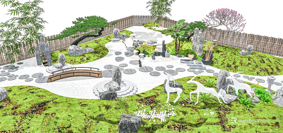 Karesansui Japanese Rock Garden With Gravel Stone Path Small Bridge And Deer 3d model 