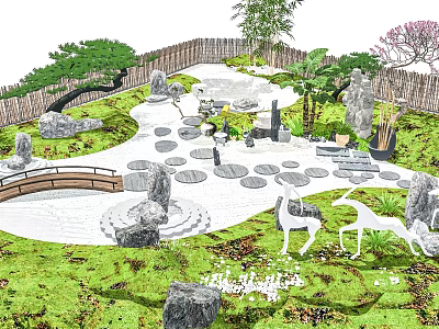 Karesansui Japanese Rock Garden With Gravel Stone Path Small Bridge And Deer 3d model