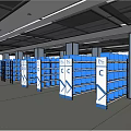 Modern Facility Interior With Glass Walls Blue Shelves And Turnstiles At Entrance
