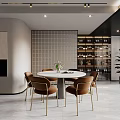 Elegant Restaurant With Round Dining Table Brown Chairs White Grid Wall And Black Wine Cabinet 3d model
