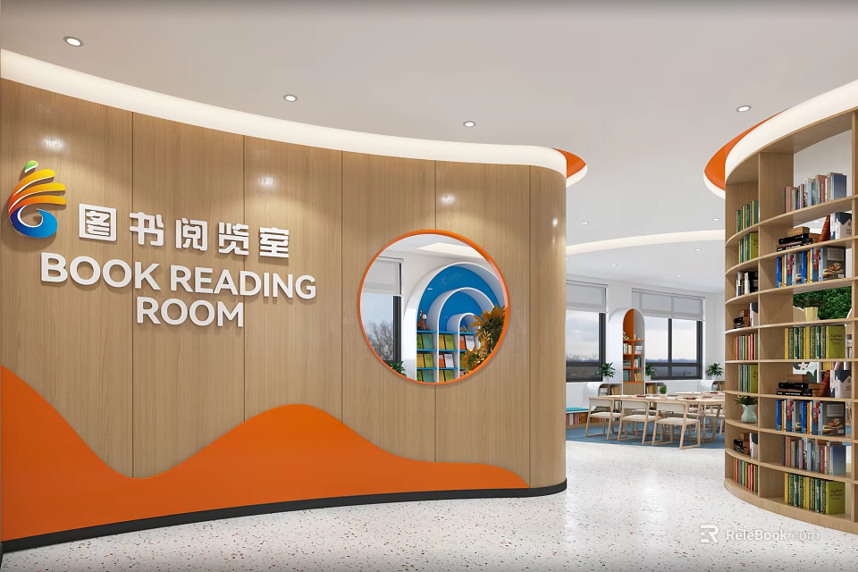 School Book Reading Room Interior Design With Wooden Walls Orange Accents And Bookshelves 3d model 