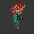 Geisha Character In Green Kimono With Dragon Creature Red Fan Art Design