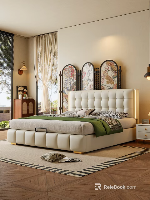 Elegant Bedroom Interior With White Tufted Bed Green Bedspread And Floral Decorative Screens 3d model 