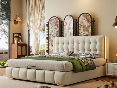 Elegant Bedroom Interior With White Tufted Bed Green Bedspread And Floral Decorative Screens 3d model