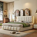 Elegant Bedroom Interior With White Tufted Bed Green Bedspread And Floral Decorative Screens