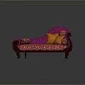 Purple Chaise Lounge with Pink Gold Floral Pattern Orange Cushions and Dark Wooden Carved Legs