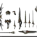 Ornate Weapons Collection Featuring Swords Spears And Decorative Parts With Intricate Craftsmanship