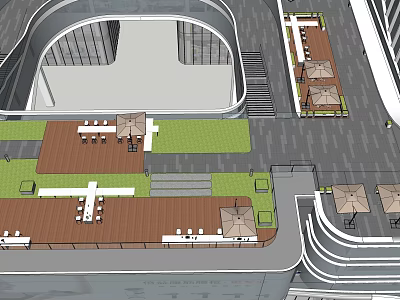 Rooftop Garden Design With Wooden Deck Tables Chairs Umbrellas Pathways And Greenery 3d model