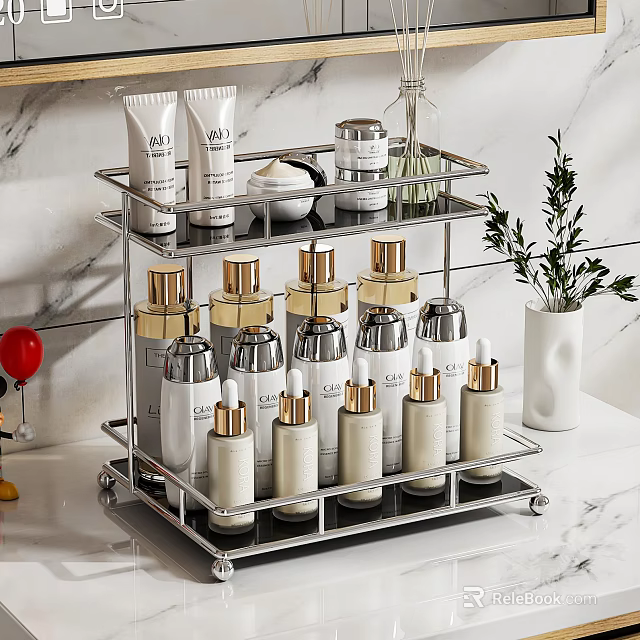 Stainless Steel 2 Tier Storage Rack Organizing Skincare Products On Marble Countertop 3d model 