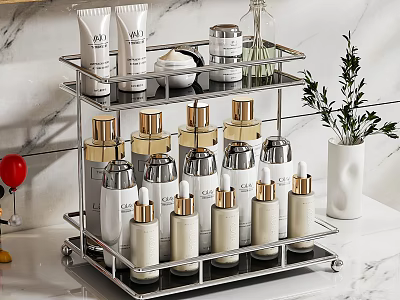 Stainless Steel 2 Tier Storage Rack Organizing Skincare Products On Marble Countertop 3d model