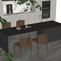 Modern Dining Space Featuring Dark Long Table Brown Chairs Fruits Vase And White Cabinets