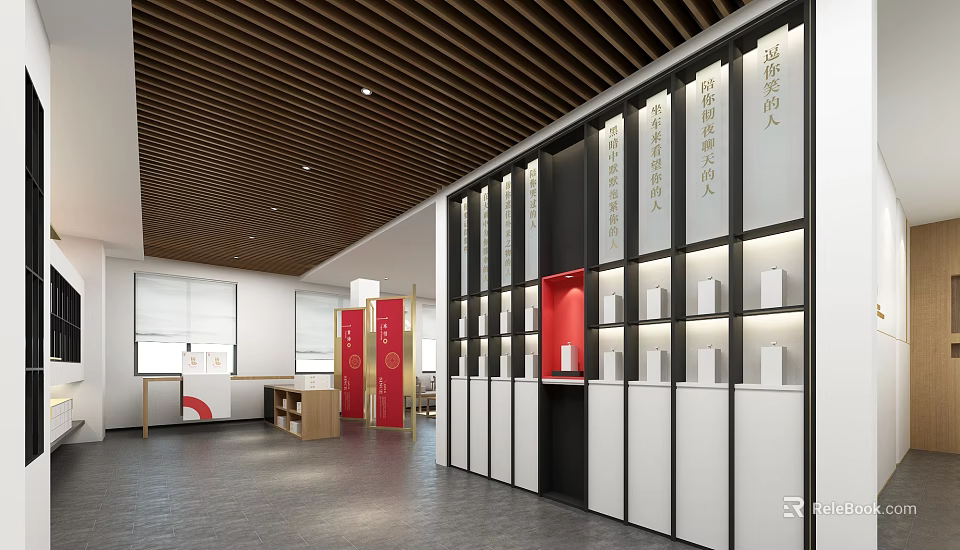 Modern Tobacco And Liquor Store Interior With Wooden Ceiling Shelves And Red Display Cabinets 3d model 