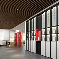 Modern Tobacco And Liquor Store Interior With Wooden Ceiling Shelves And Red Display Cabinets