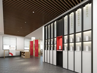 Modern Tobacco And Liquor Store Interior With Wooden Ceiling Shelves And Red Display Cabinets 3d model