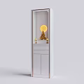 Sleek White Decorative Cabinet with Open Compartment Featuring Golden Buddha Statue and Round Yellow Decor
