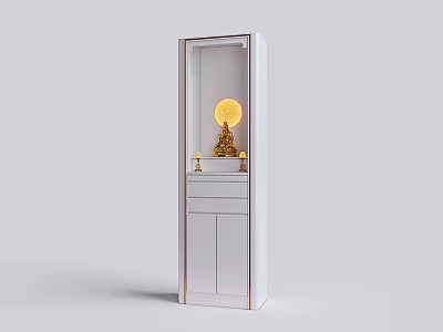 Sleek White Decorative Cabinet with Open Compartment Featuring Golden Buddha Statue and Round Yellow Decor 3d model