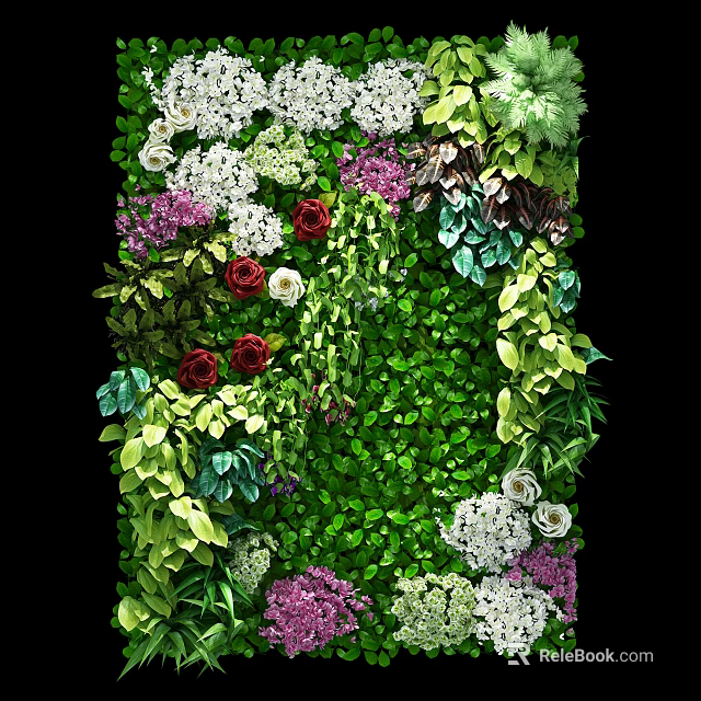 Lush Green Plant Wall With Colorful Flowers Including Red Roses And White Blooms 3d model 