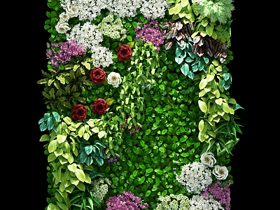 Lush Green Plant Wall With Colorful Flowers Including Red Roses And White Blooms 3d model