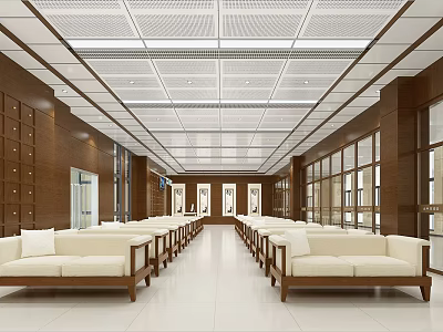 Hospital Outpatient Clinic Waiting Area With Sofas And Wood Decor 3d model