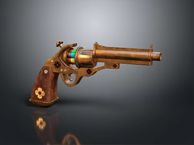 Vintage Brass Revolver with Wooden Grip Engraved Pattern and Glowing Components Steampunk Inspired Design 3d model