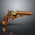 Vintage Brass Revolver with Wooden Grip Engraved Pattern and Glowing Components Steampunk Inspired Design