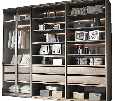 Modern Wardrobe Interior With Hanging Clothes Shelves Drawers Folded Items And Storage Boxes 3d model