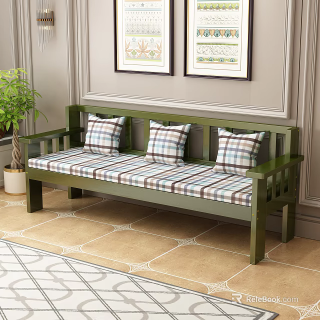 Green Wooden Frame Three Seater Sofa With Striped Cushion And Plaid Pillows 3d model 