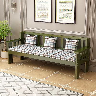 Green Wooden Frame Three Seater Sofa With Striped Cushion And Plaid Pillows 3d model