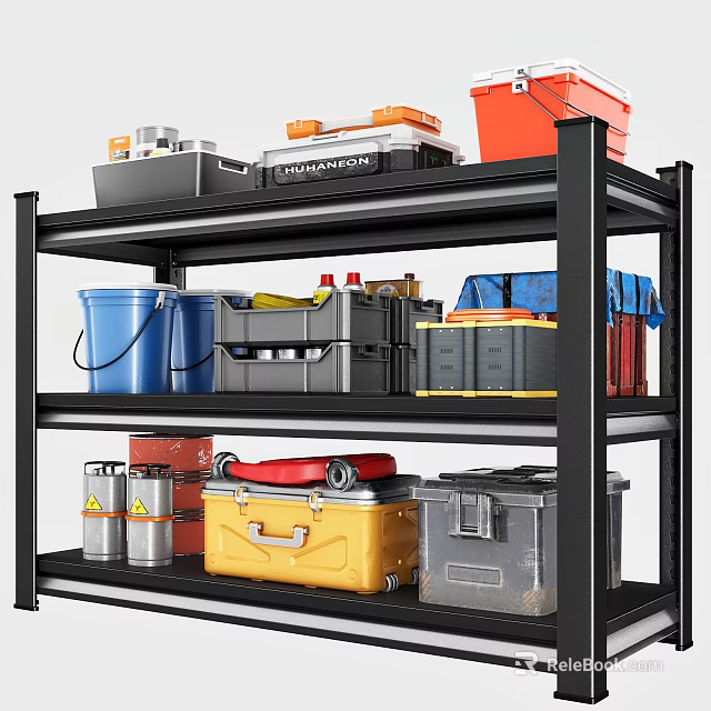 Multi Tiered Black Metal Shelf With Storage Boxes Tool Containers And Plastic Buckets 3d model