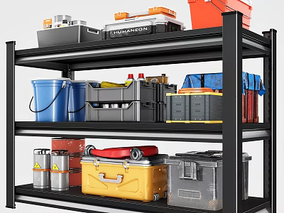 Multi Tiered Black Metal Shelf With Storage Boxes Tool Containers And Plastic Buckets 3d model