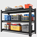 Multi Tiered Black Metal Shelf With Storage Boxes Tool Containers And Plastic Buckets 3d model