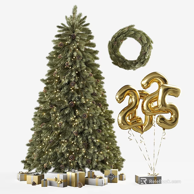 Christmas Decorative Ornament Set with Christmas Tree Wreath and Gold 2025 Balloons 3d model 