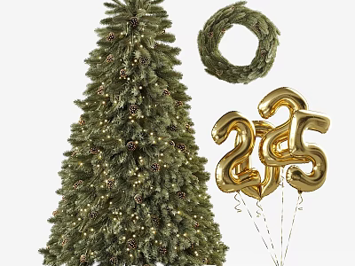 Christmas Decorative Ornament Set with Christmas Tree Wreath and Gold 2025 Balloons 3d model