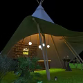 Park Landscape With Golden Arched Decoration Illuminated Lines Lawn Tent Black Carpet Path And Lights