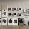 Modern Laundry Interior With Multiple Washing Machines And Wall Mounted Appliances 3d model